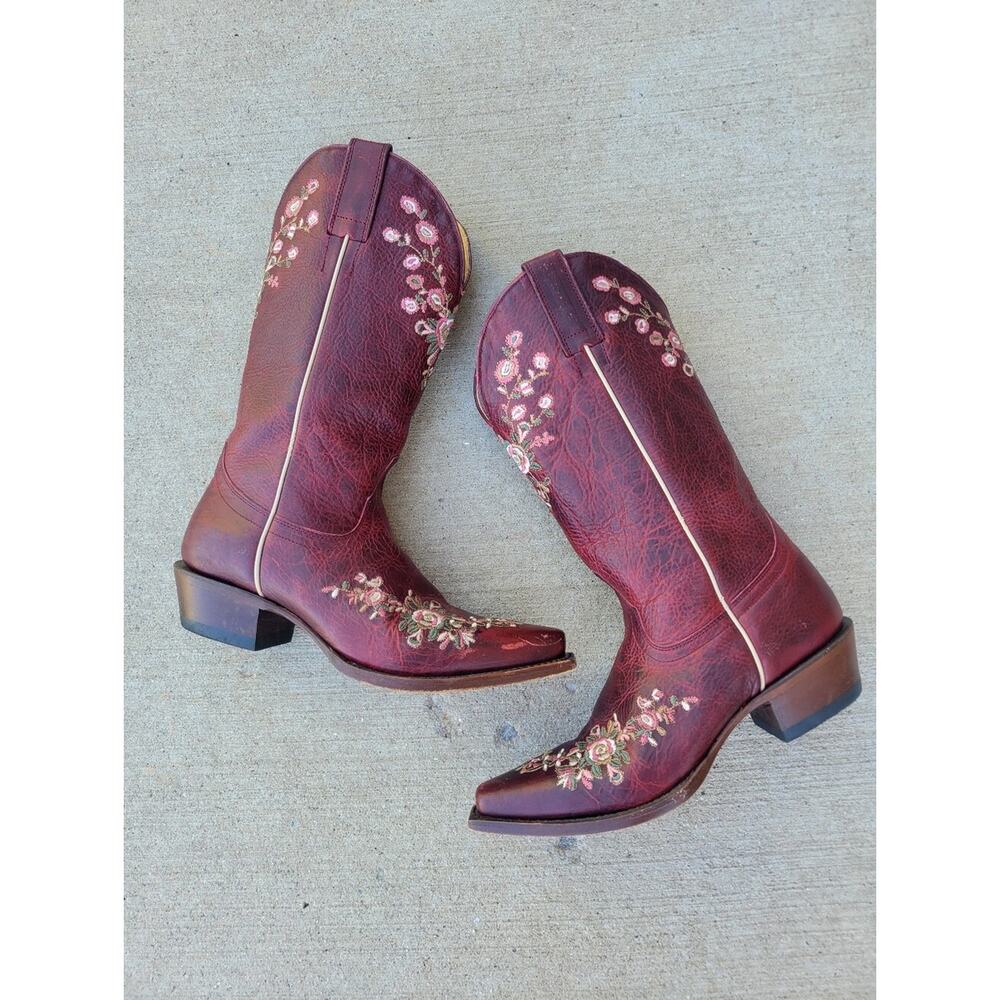 Shyanne Floral Embroidered Red Burgundy Leather Snip Toe Western Boots 7